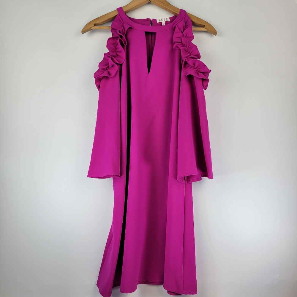 TCEC Magenta Ruffled Cold-Shoulder Mini Dress